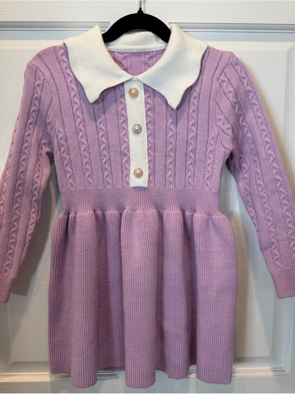 Girls' Lavender Knit Dress with Polished White Collar & Pearl Beaded Buttons